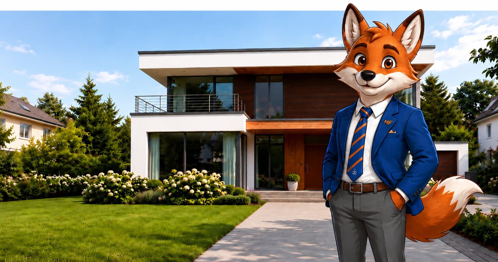 Der Maklerfuchs im blauen Sakko vor einem modernen Einfamilienhaus