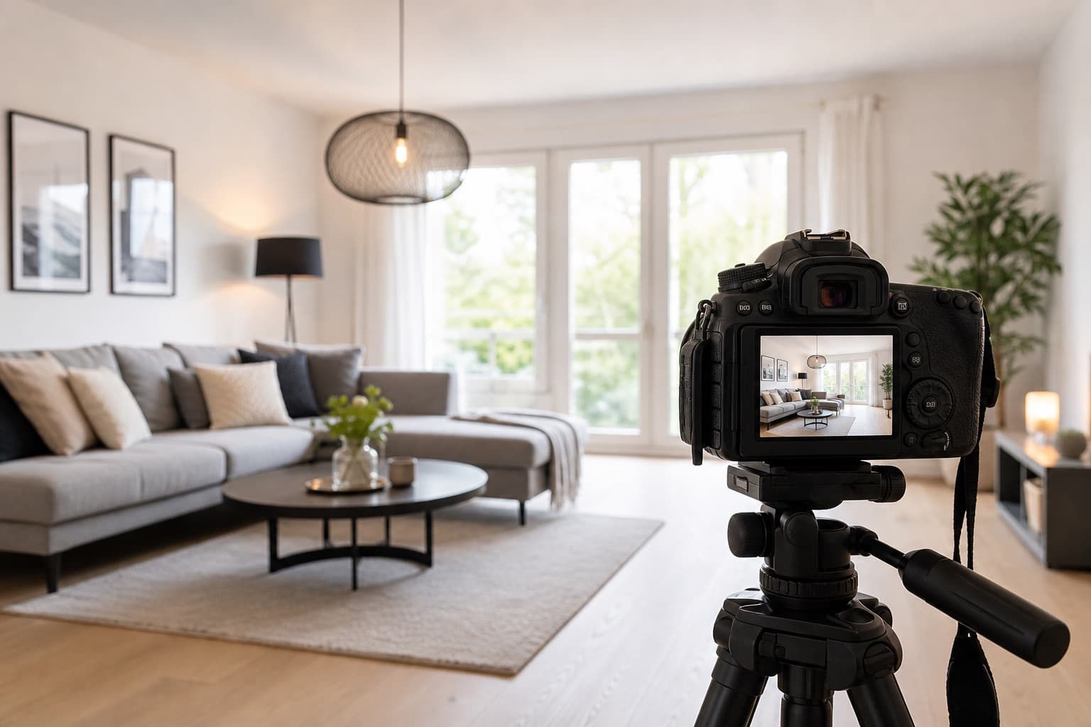 Aufgeschlagenes Immobilien-Exposé mit Fotos und Grundriss auf einem Tisch