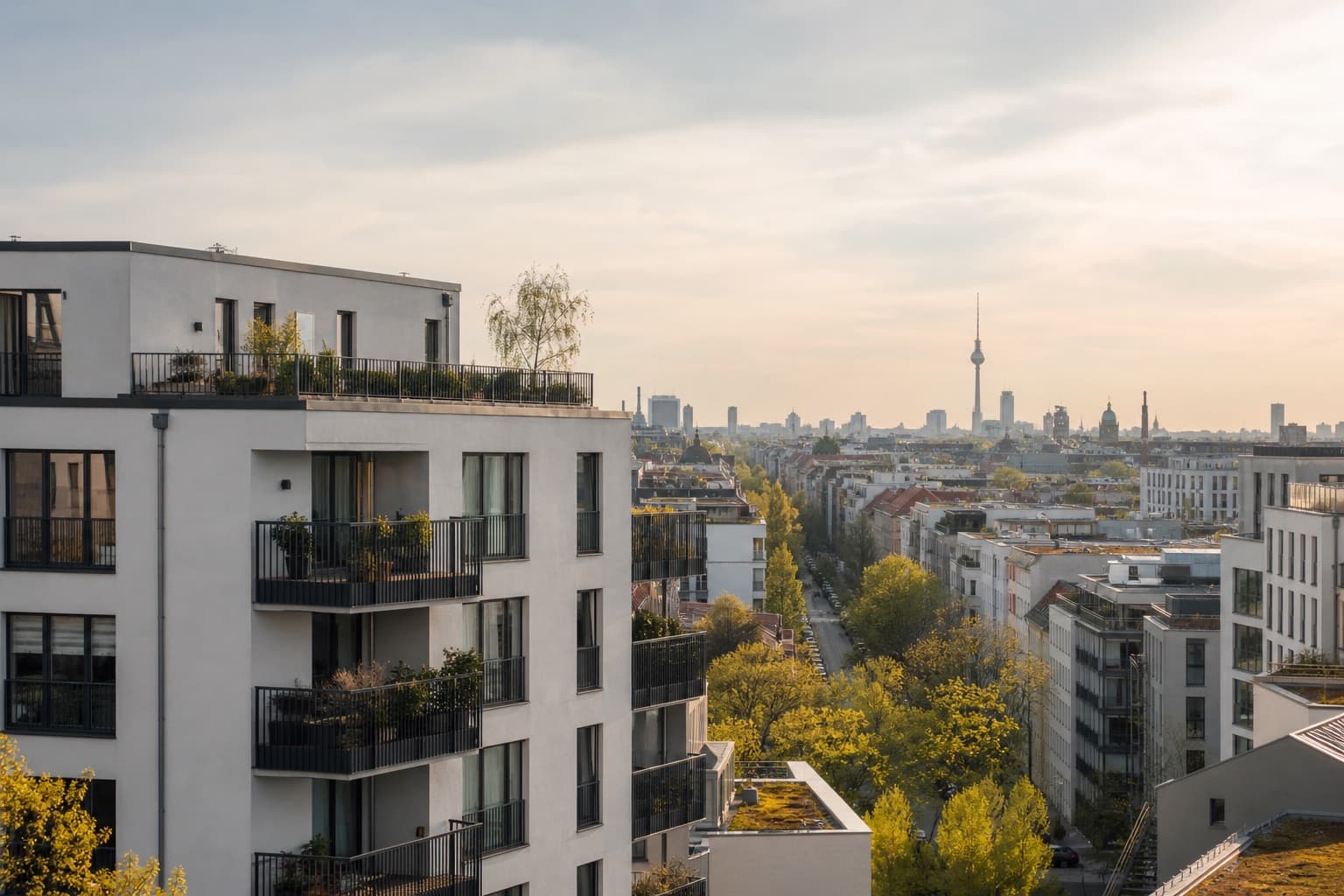 Wohngebäude mit überlagerter Andeutung von Marktdaten und Zinskurven